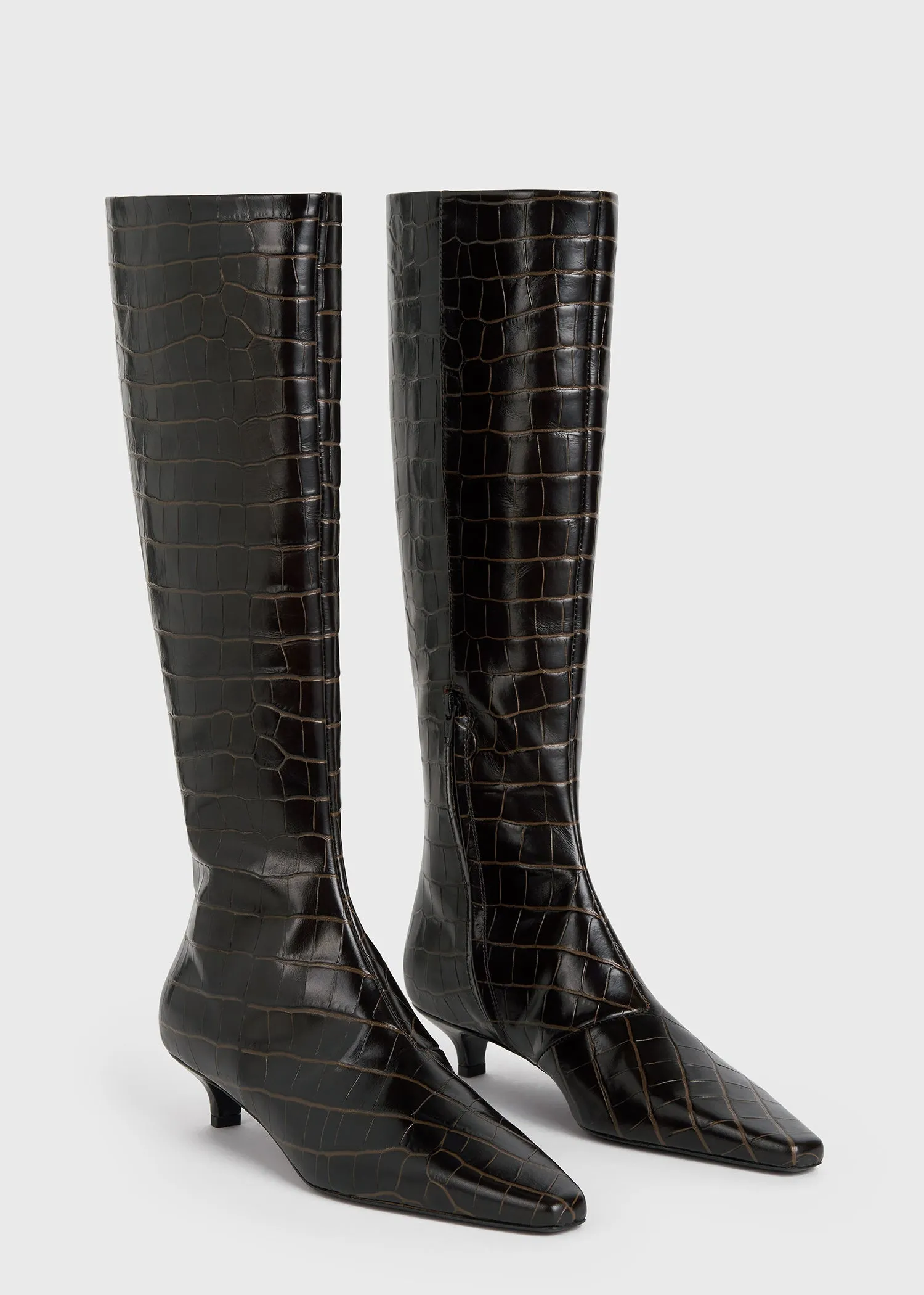 The Slim Knee-High Boot dark brown croco