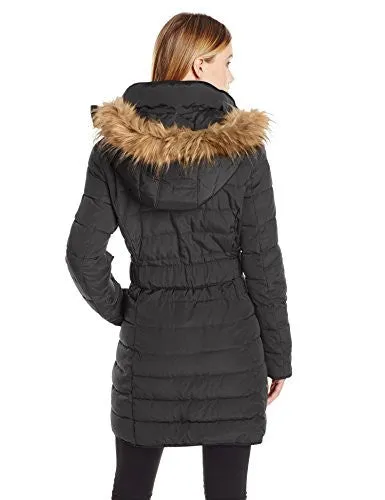 Tommy Hilfiger Women's Long Belted Down Alternative Coat with Fur Trim Hood, Black, Medium