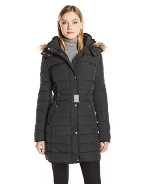 Tommy Hilfiger Women's Long Belted Down Alternative Coat with Fur Trim Hood, Black, Medium