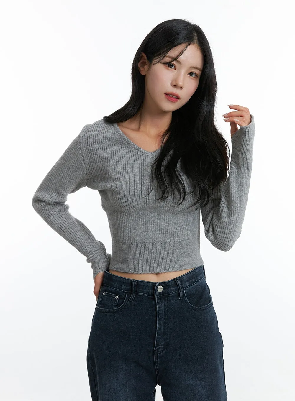 V-Neck Knit Crop Sweater ON330