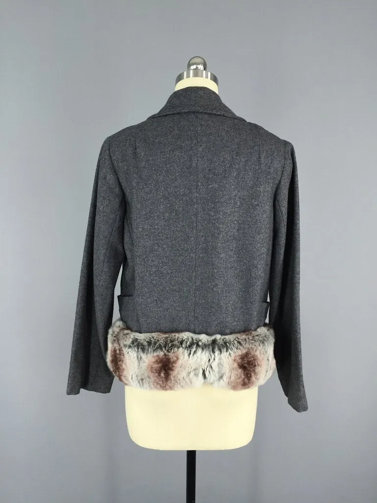 Vintage 1940s Grey Wool Jacket with Fur Trim