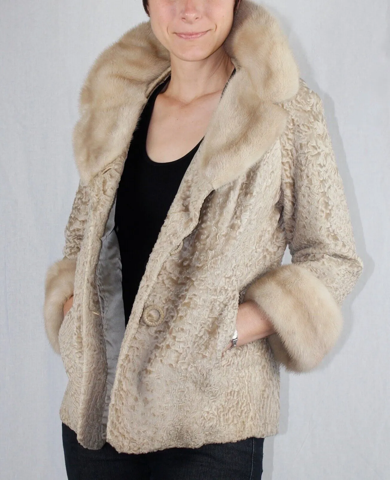 Vintage Light Broadtail Jacket w/ Tourmaline Mink Fur Collar -M