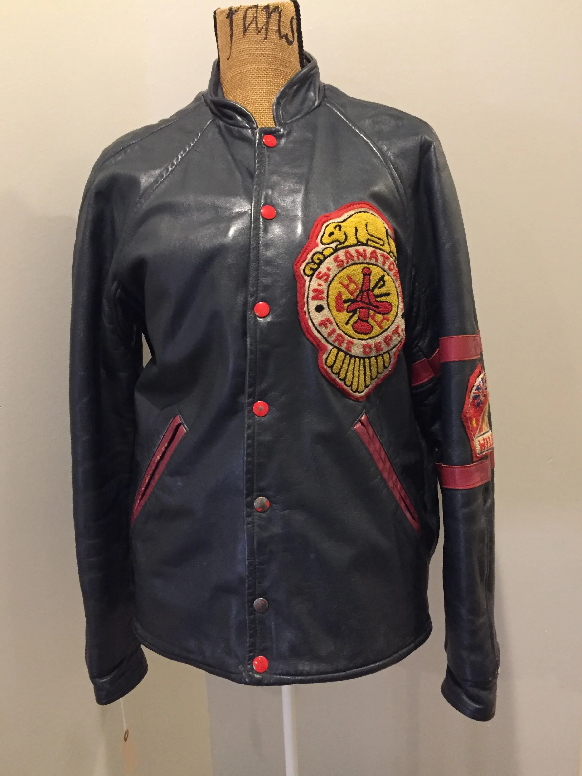 Vintage NS Sanitorium Fire Department Green Leather Varsity Jacket