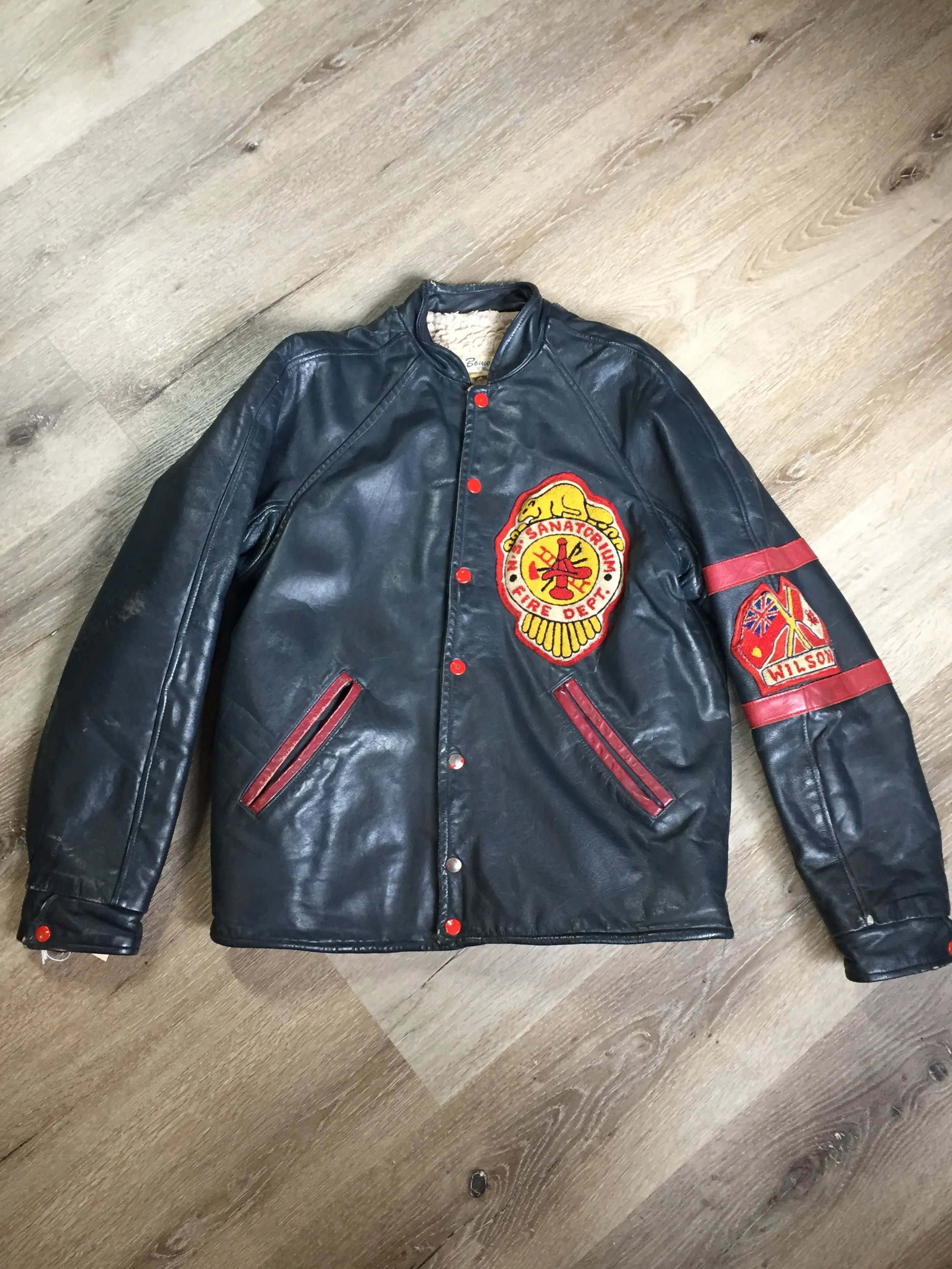 Vintage NS Sanitorium Fire Department Green Leather Varsity Jacket