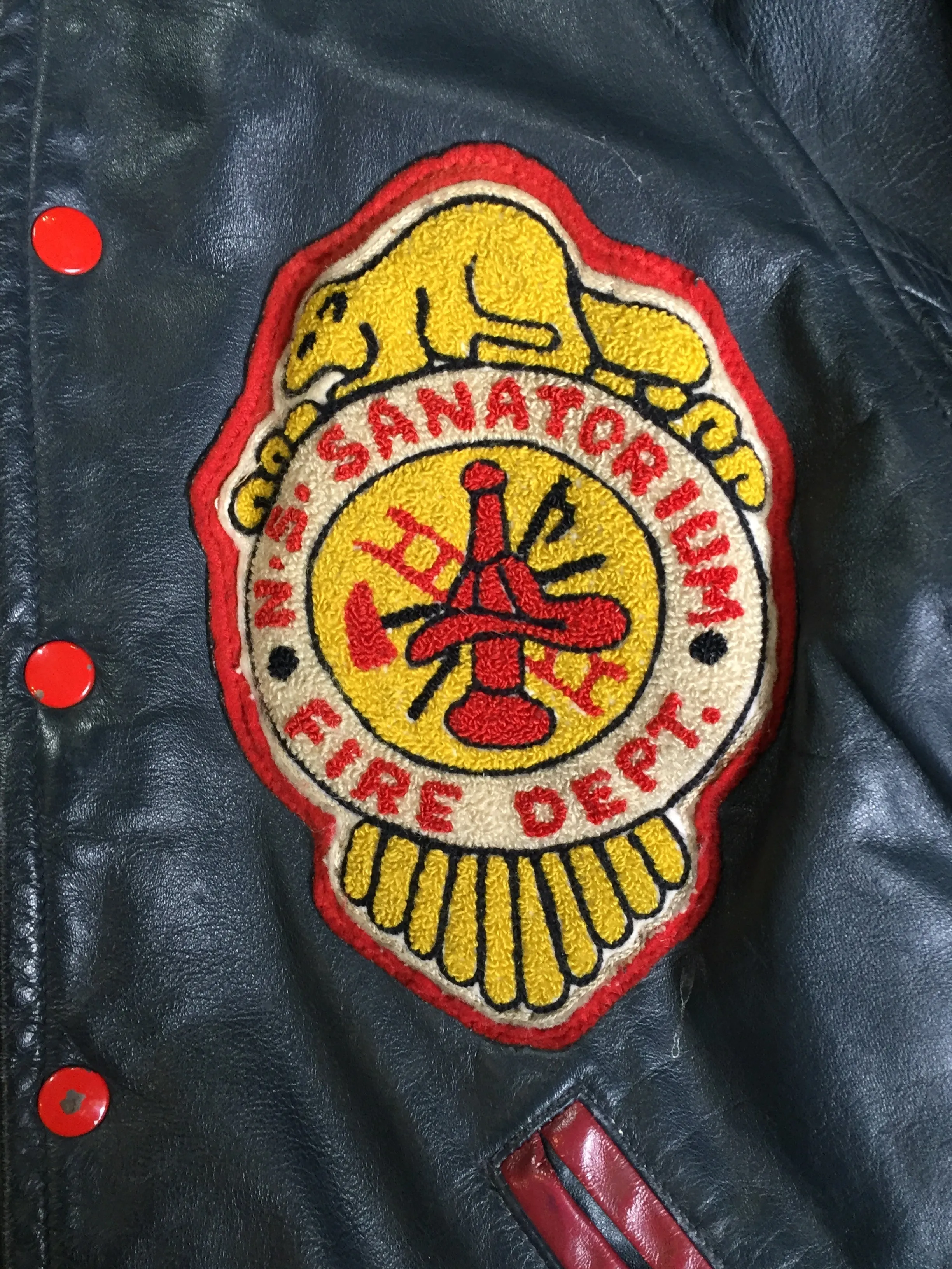 Vintage NS Sanitorium Fire Department Green Leather Varsity Jacket