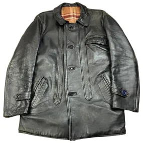 VTG 1970s HEAVY LEATHER JACKET WOOL BLANKET LINED COAT BUTTON DOWN BIKER 38” S