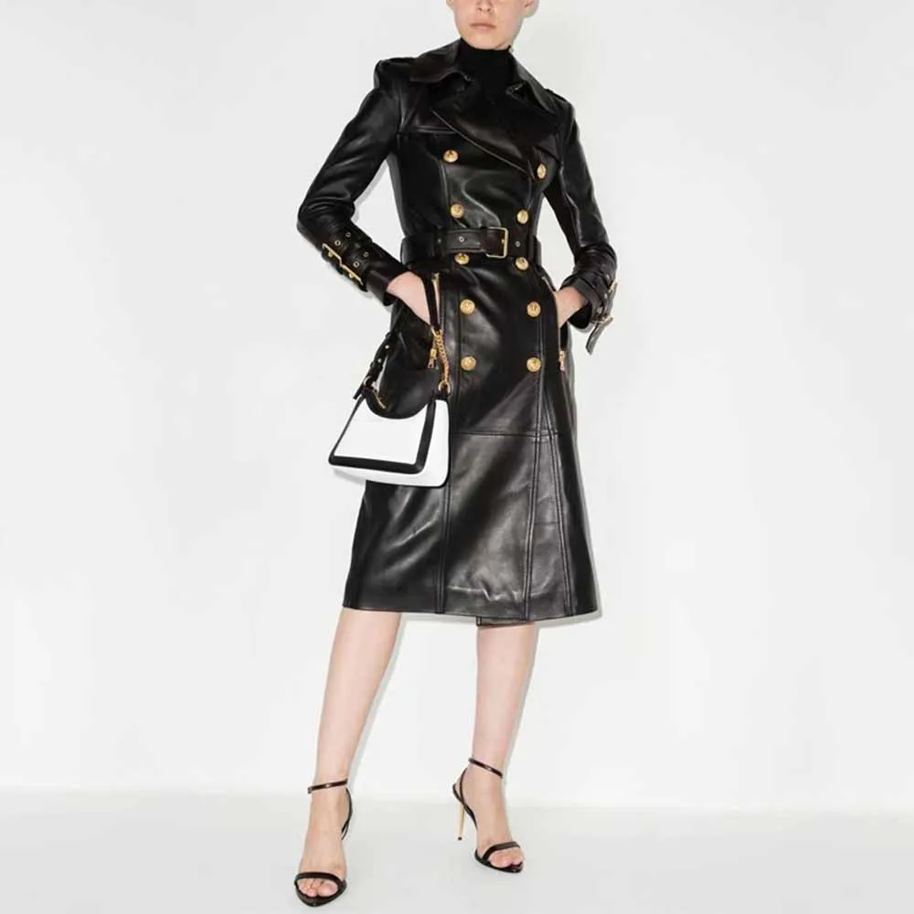 Women Beltted Double Breasted Faux Leather Trench Coat