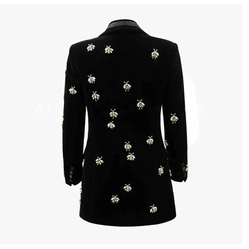 Women Black Diamond-studded blazer Crystal Cashmere Jacket