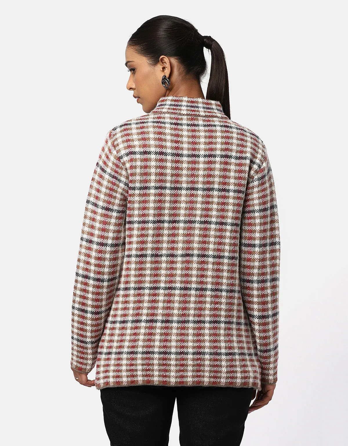 Women Knitted Checkered Short Coat