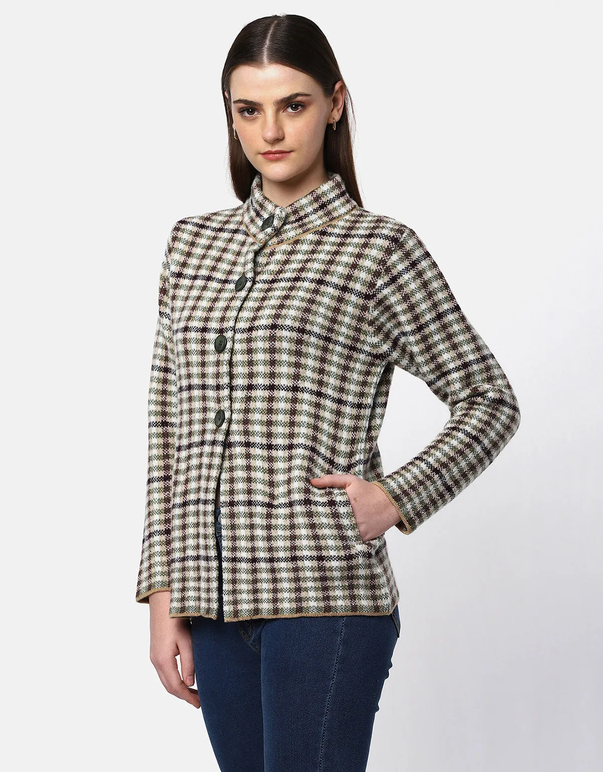 Women Knitted Checkered Short Coat