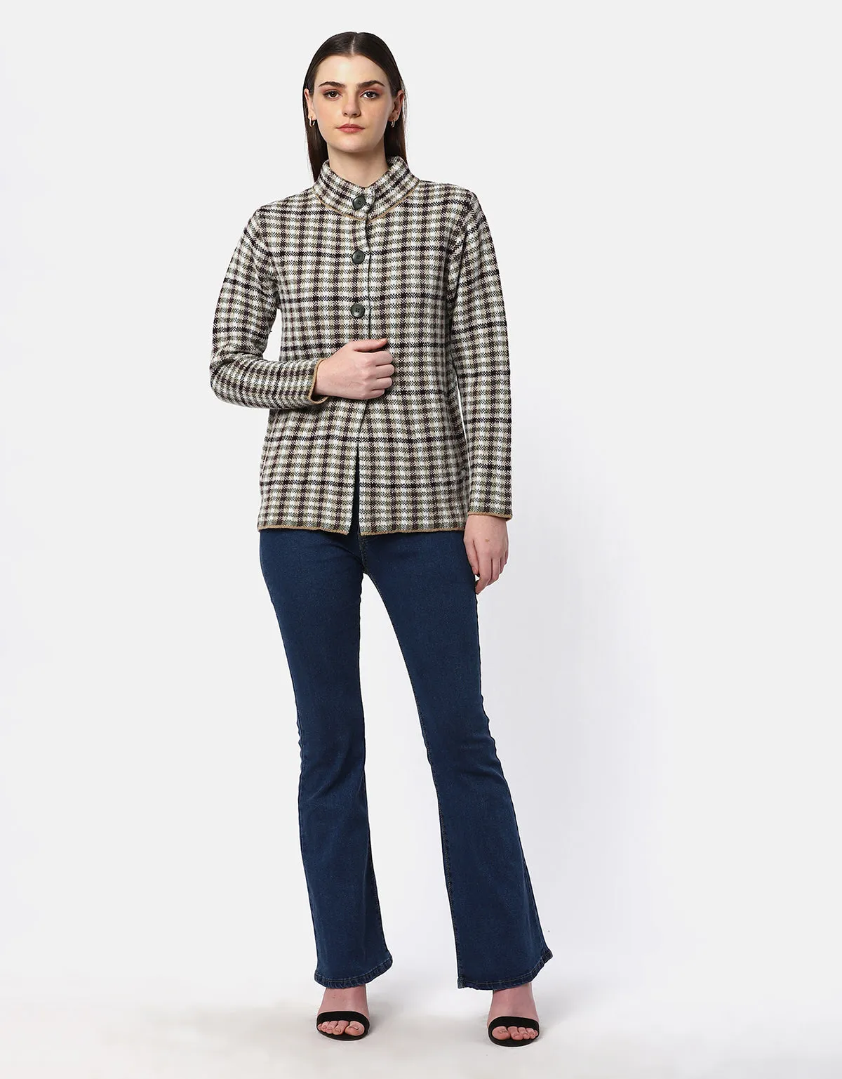 Women Knitted Checkered Short Coat