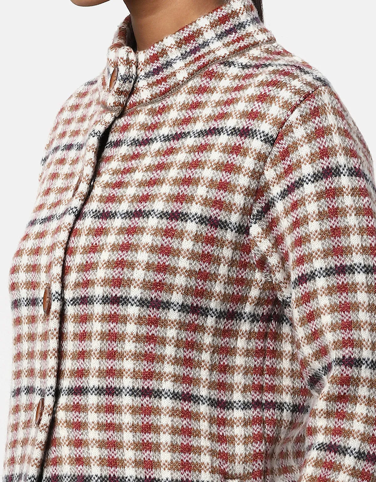 Women Knitted Checkered Short Coat