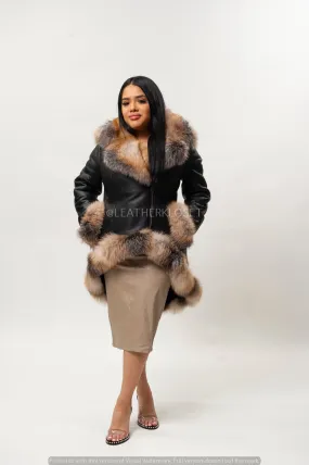 Women's Amber Shearling Sheepskin Jacket With Fox [Black/Crystal]