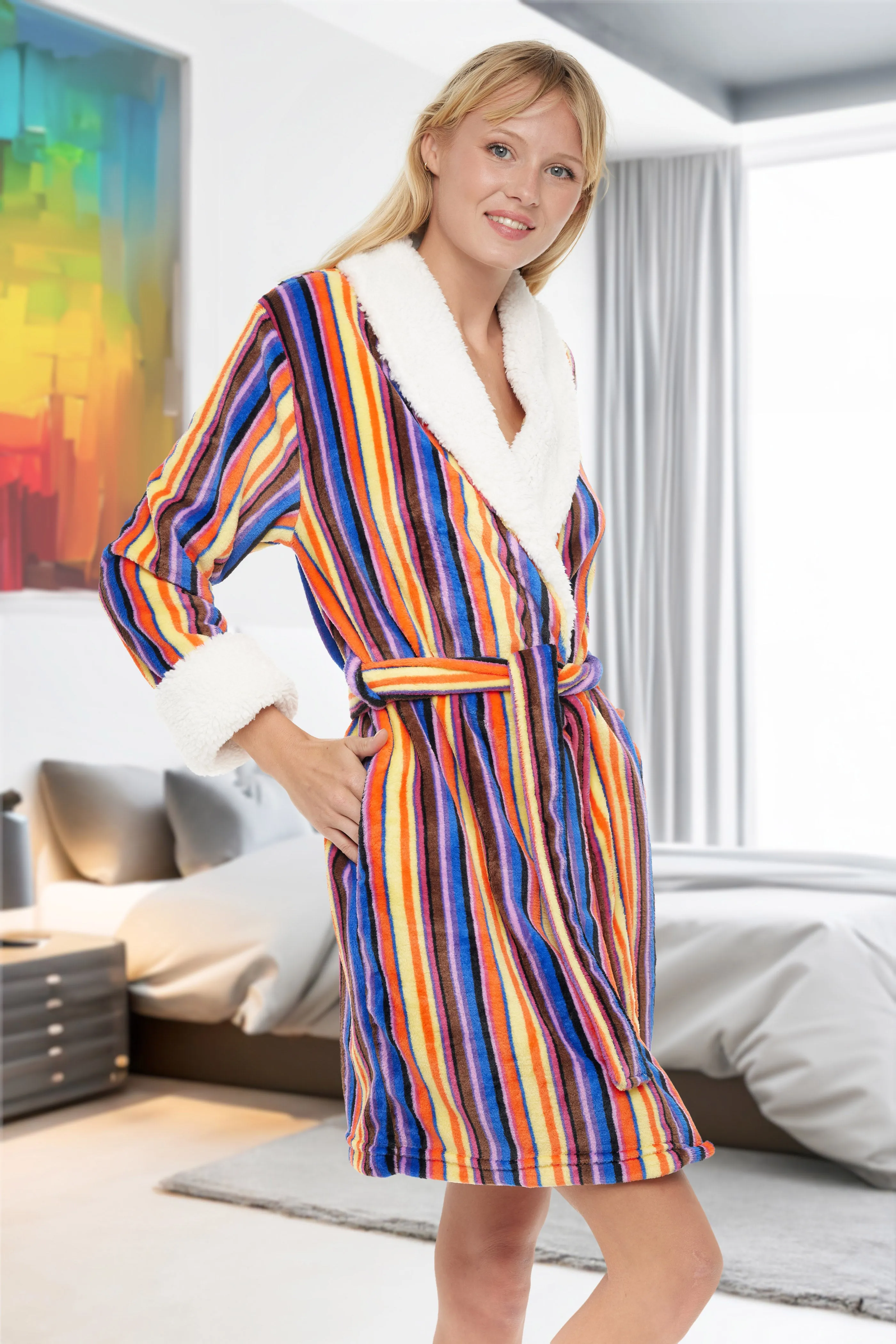 Women's Classic Plush Robe, Short Fleece Bathrobe Solids