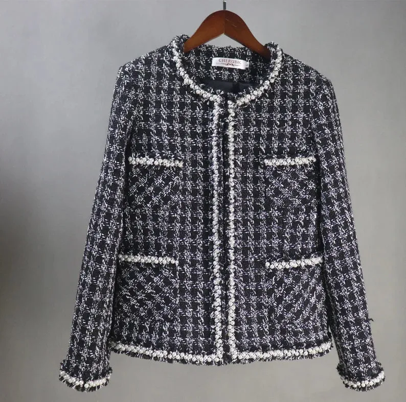 Women's CUSTOM MADE Pearl Trim Checked Tweed Jacket Coat Blazer   Shorts/Skirts/Trousers