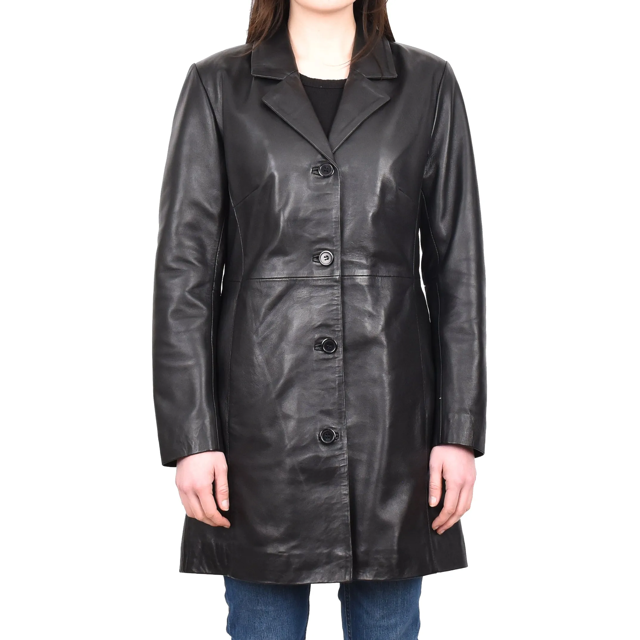 Women's Smart 3/4 Length Long Real Leather Coat Black Solaire