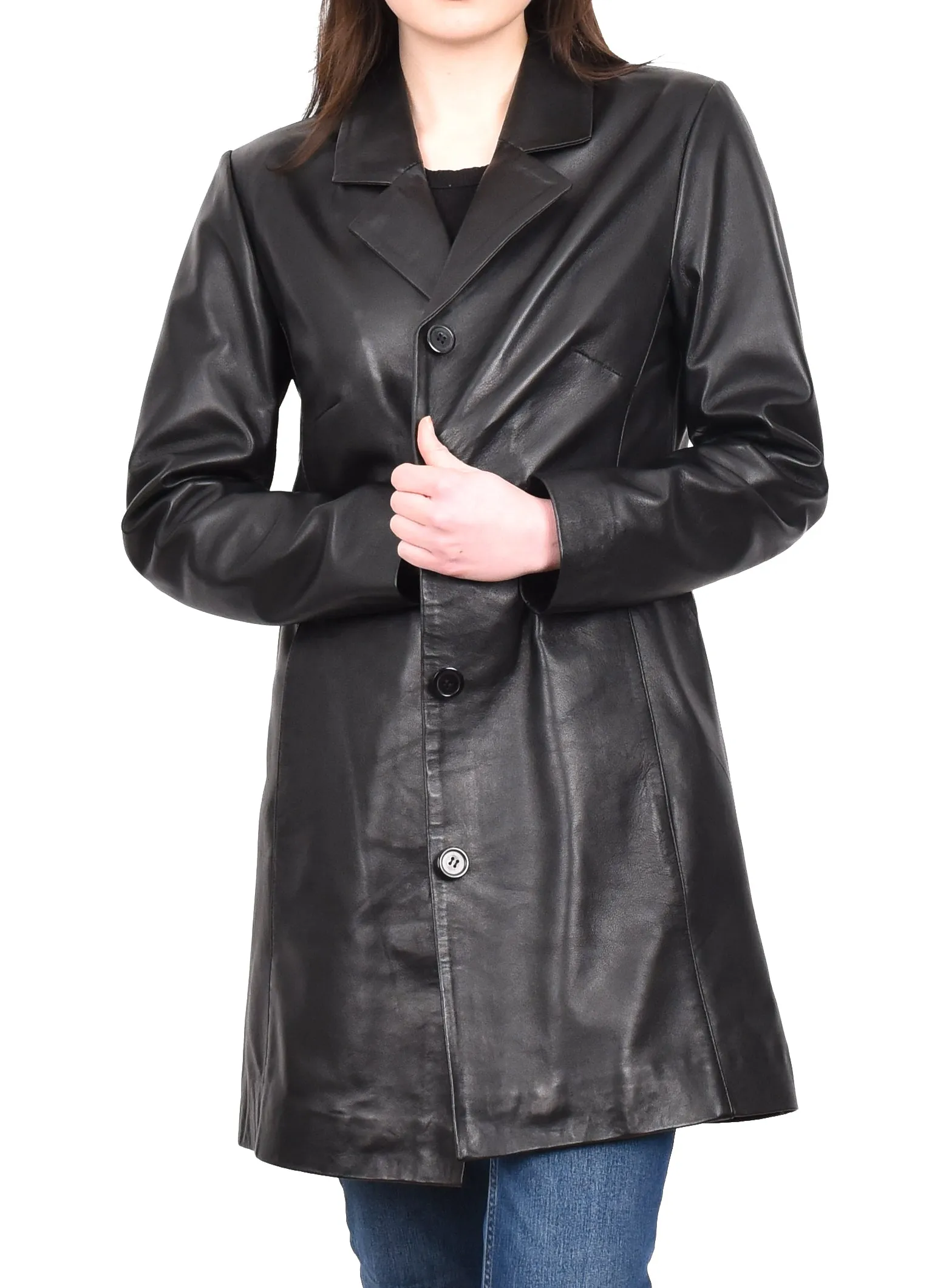 Women's Smart 3/4 Length Long Real Leather Coat Black Solaire