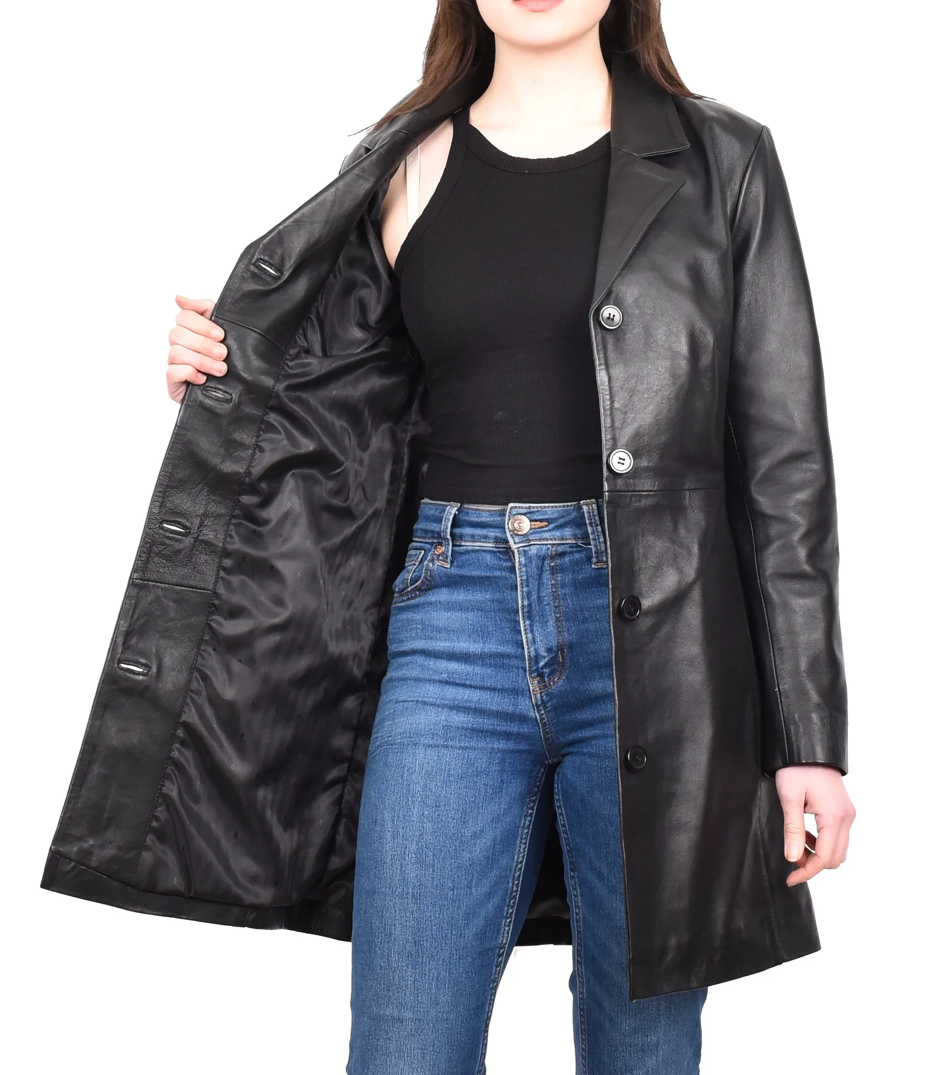 Women's Smart 3/4 Length Long Real Leather Coat Black Solaire