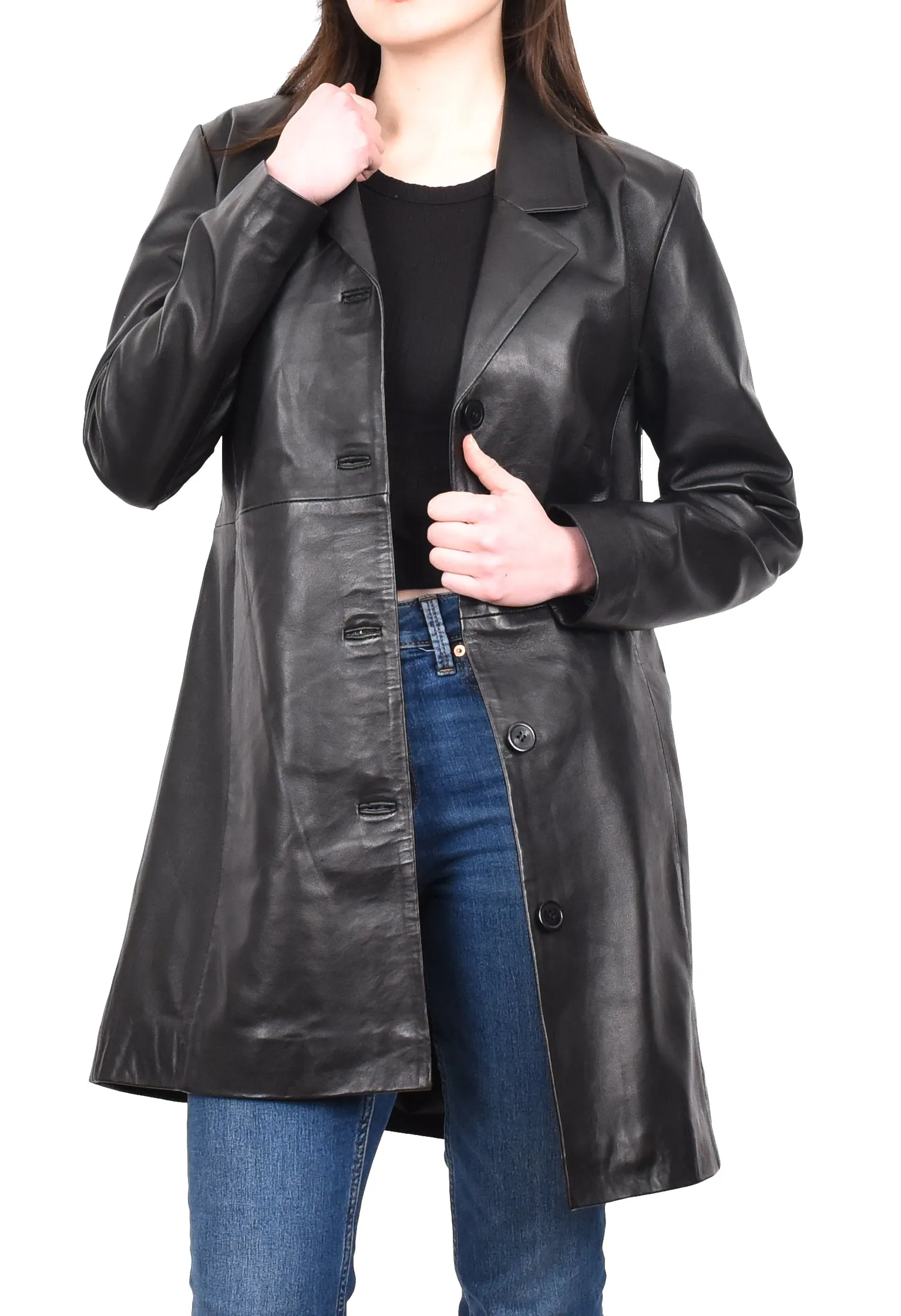 Women's Smart 3/4 Length Long Real Leather Coat Black Solaire