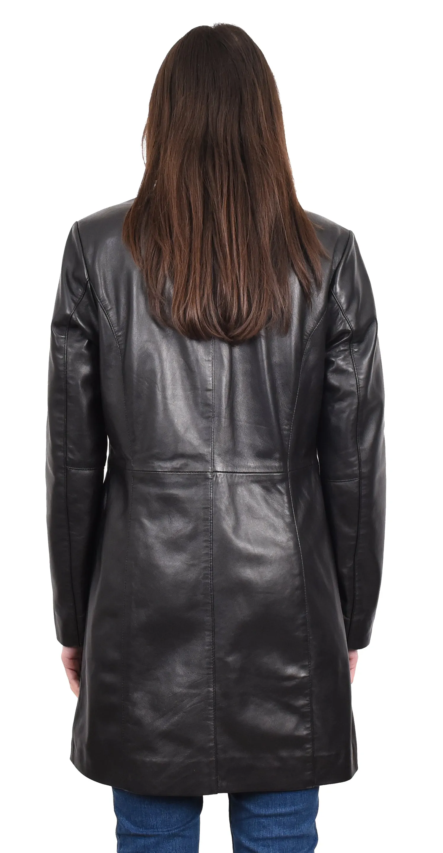 Women's Smart 3/4 Length Long Real Leather Coat Black Solaire