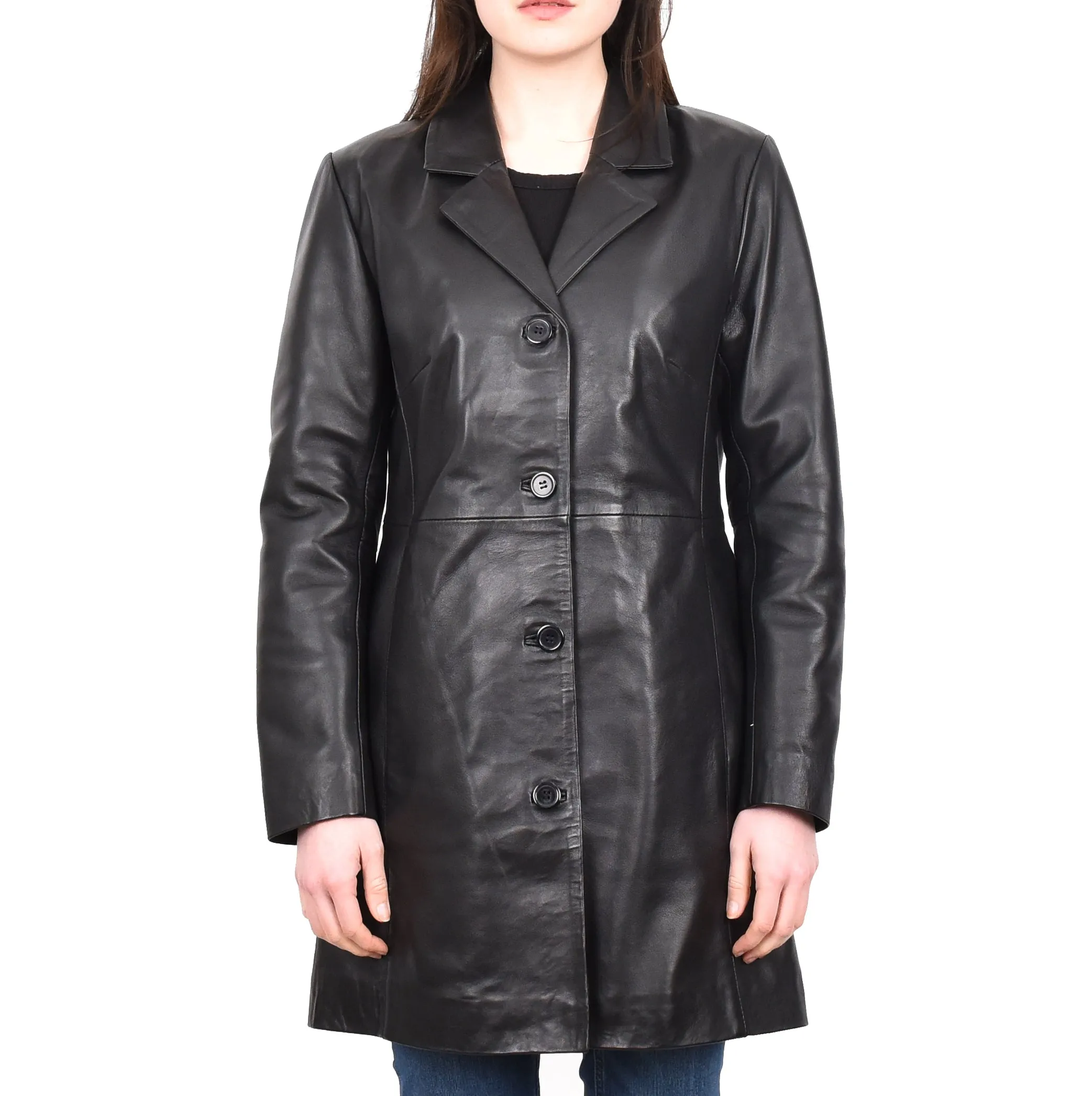 Women's Smart 3/4 Length Long Real Leather Coat Black Solaire