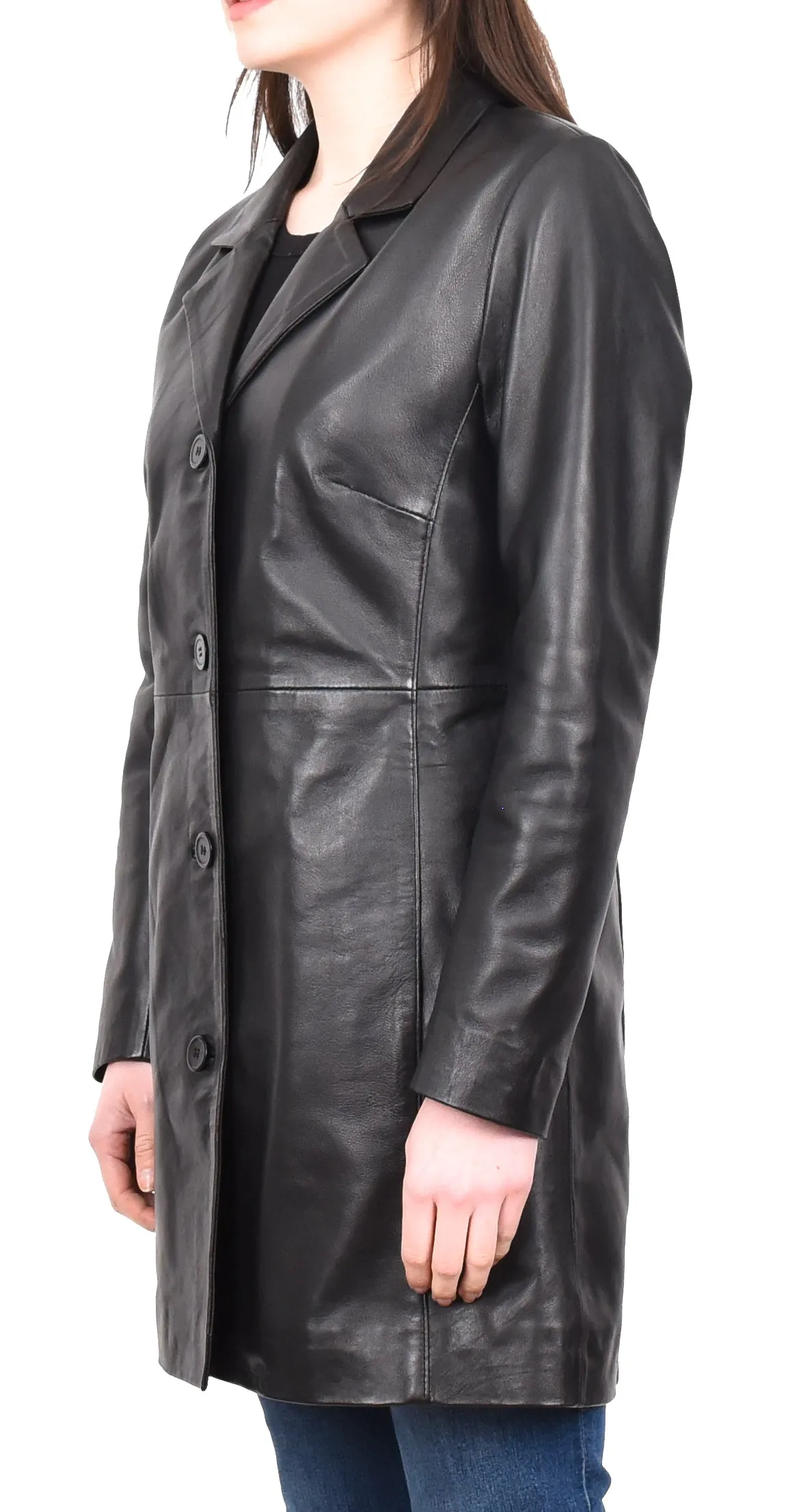 Women's Smart 3/4 Length Long Real Leather Coat Black Solaire