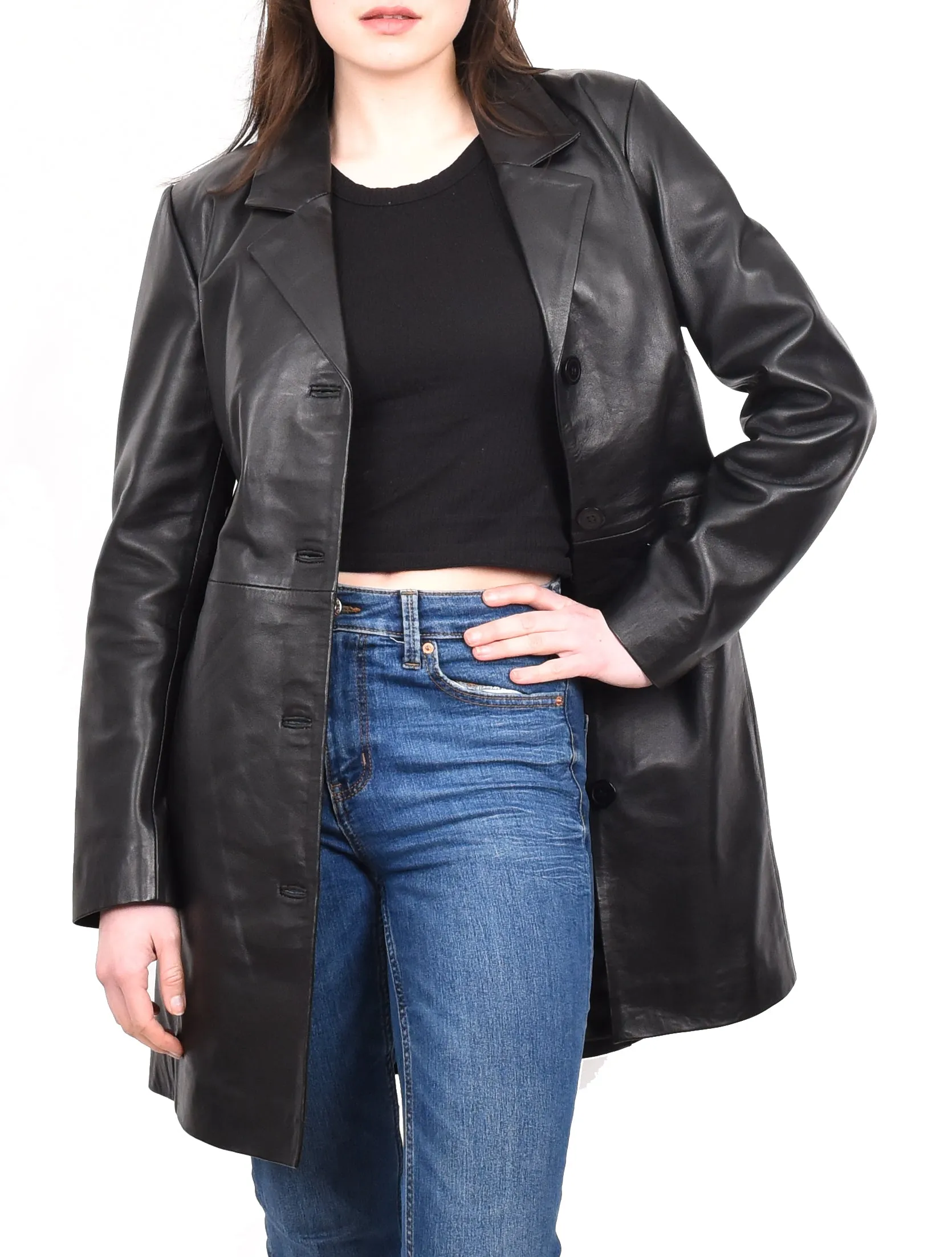 Women's Smart 3/4 Length Long Real Leather Coat Black Solaire