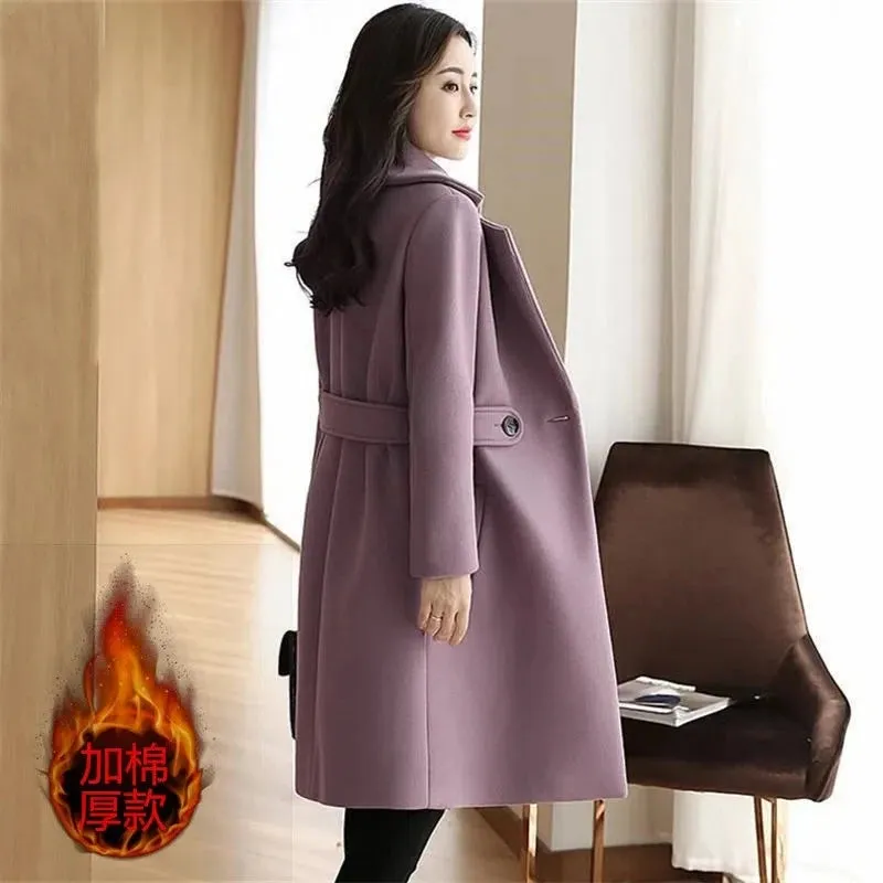 Womens Woollen Windbreaker Winter Slim Long Thick Solid Casual Wool Coat