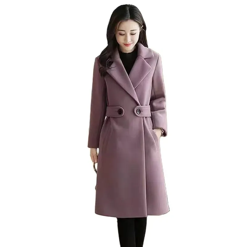 Womens Woollen Windbreaker Winter Slim Long Thick Solid Casual Wool Coat