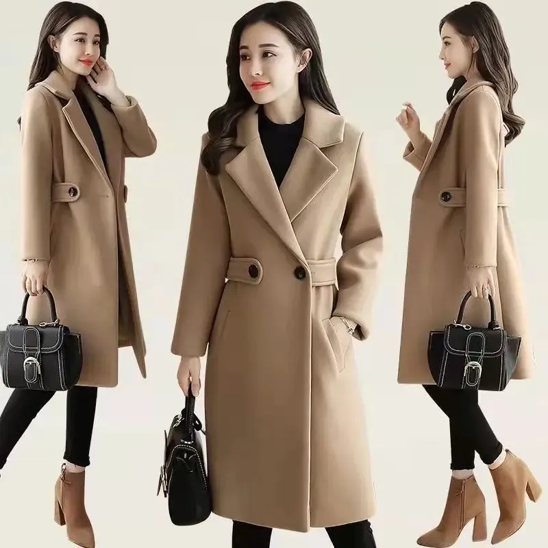 Womens Woollen Windbreaker Winter Slim Long Thick Solid Casual Wool Coat