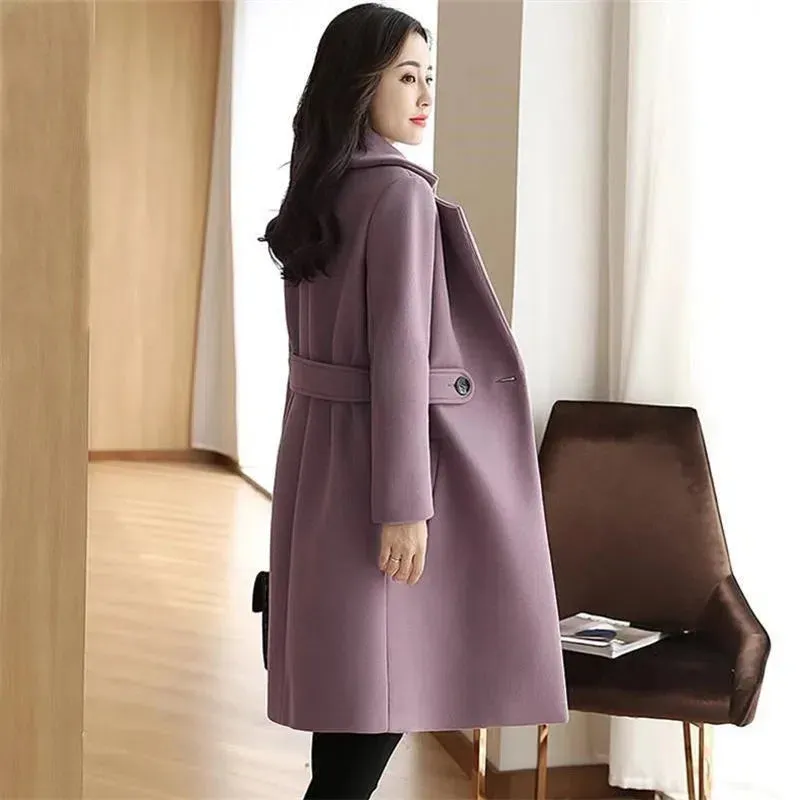 Womens Woollen Windbreaker Winter Slim Long Thick Solid Casual Wool Coat