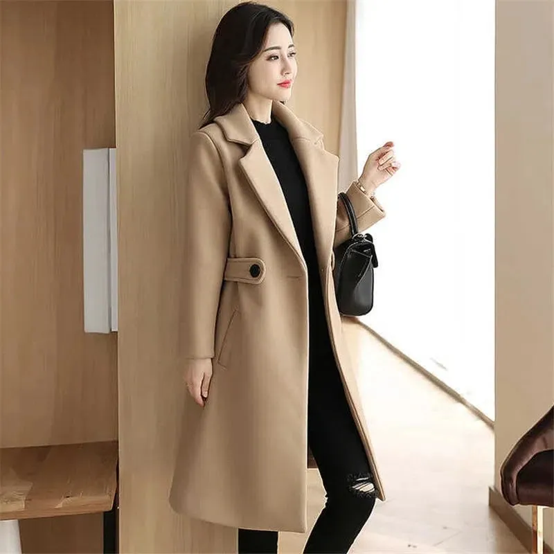 Womens Woollen Windbreaker Winter Slim Long Thick Solid Casual Wool Coat