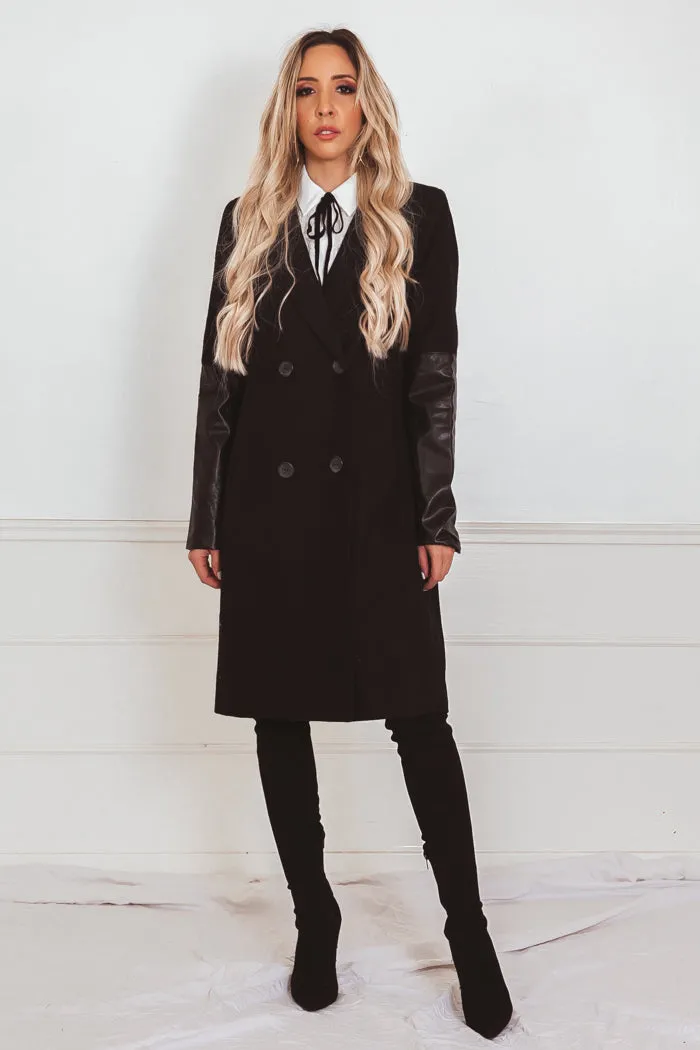 Wool Coat with Leather Sleeve