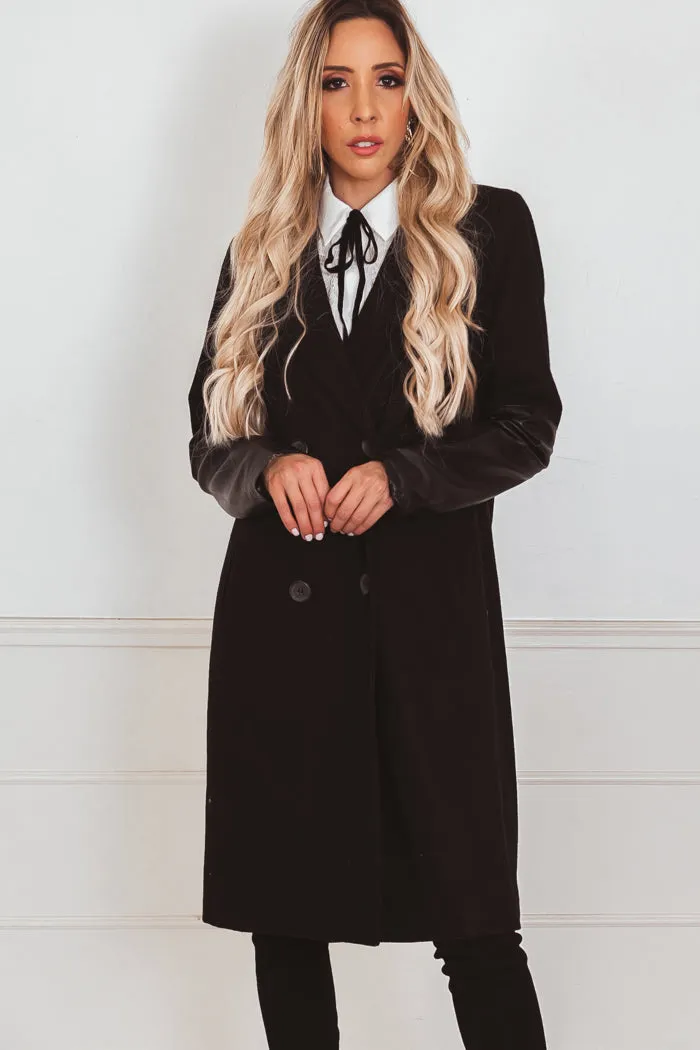 Wool Coat with Leather Sleeve