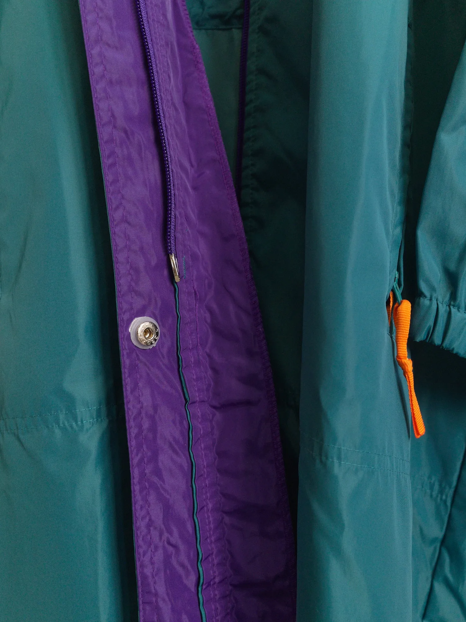 Woolrich Woman 1990s aqua green nylon extra long purple trim raincoat - size L