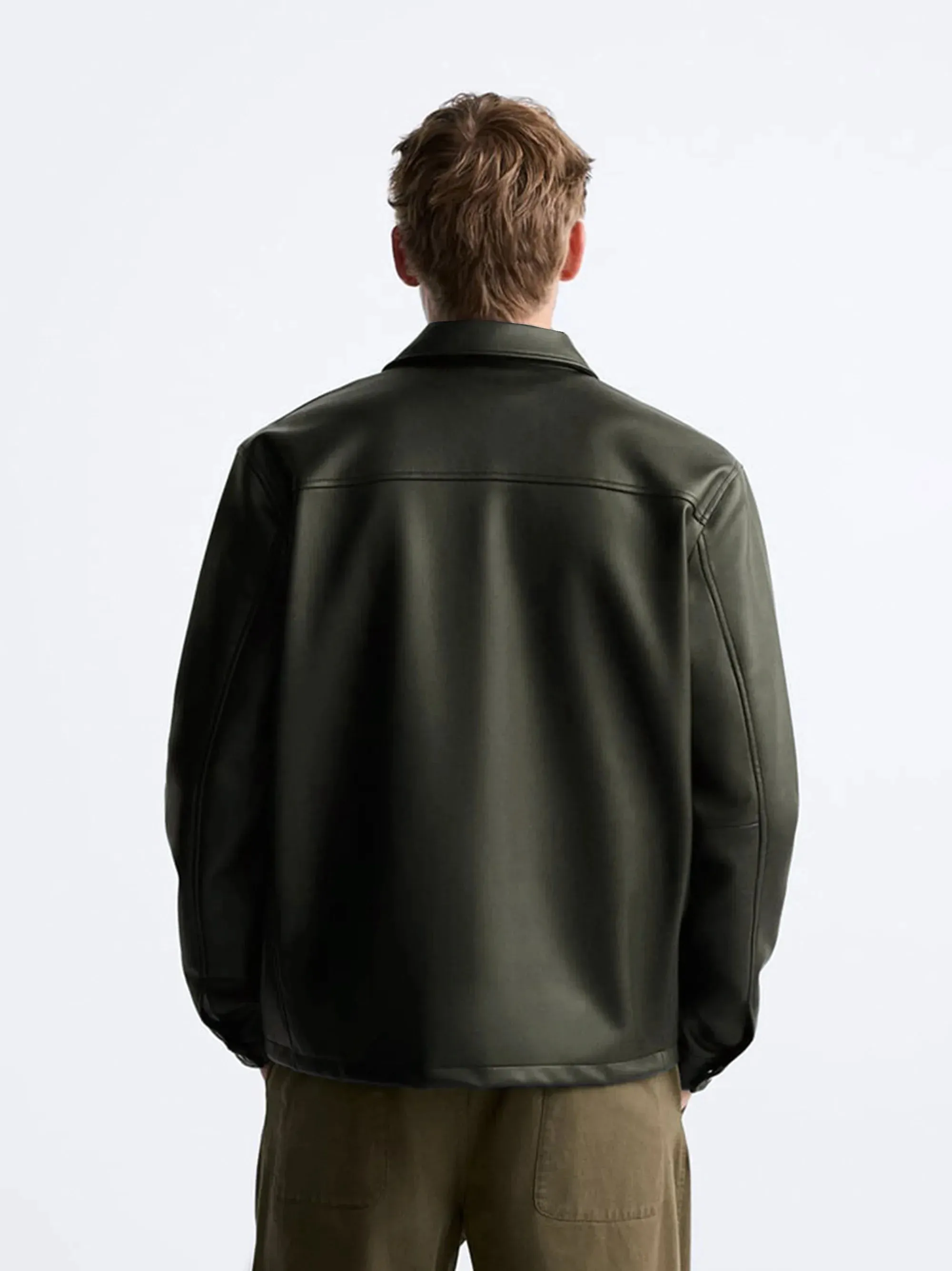 ZR Faux Leather Dark Green Button Down Jacket